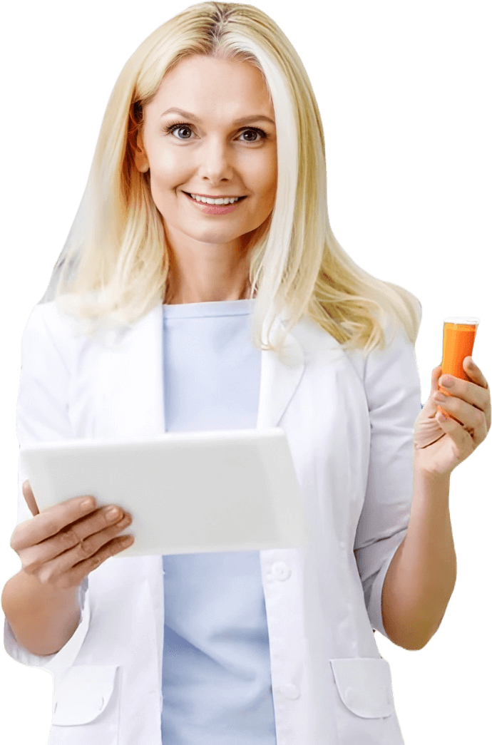 Smiling female doctor holding a tablet and an orange pill bottle.