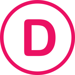 Pink circle with a white center and a bold pink letter D inside.