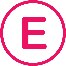 Pink letter E inside a white circle on a pink background.