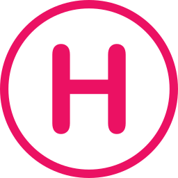 A bold pink H inside a white circle with a pink background.