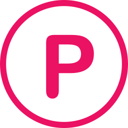 A white circle with a pink letter P inside on a pink background.