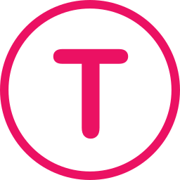 A stylized white letter 'T' inside a white circle on a pink background.