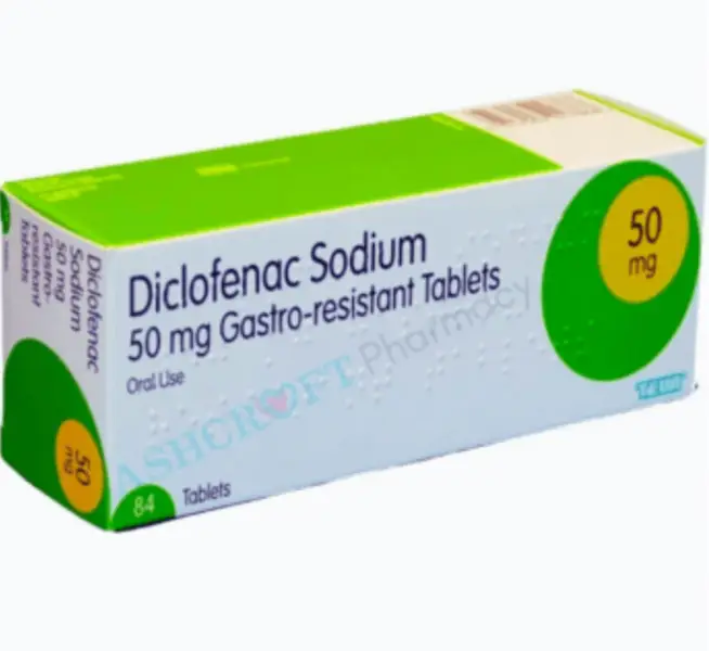 Box of Diclofenac Sodium 50 mg tablets for pain relief.