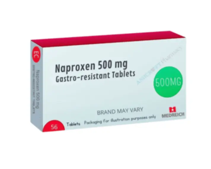 Box of Naproxen 500 mg gastro-resistant tablets.