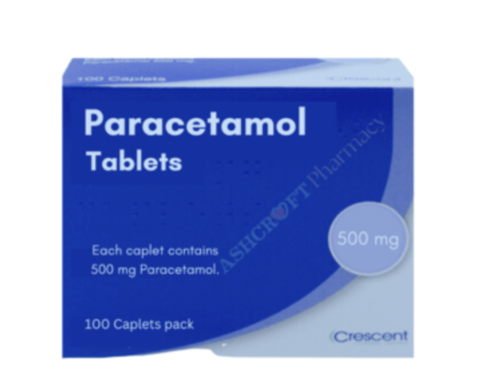 Box of Paracetamol 500 mg tablets, 100 caplets.