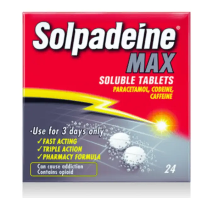 Solpadeine Max soluble tablets box for pain relief.