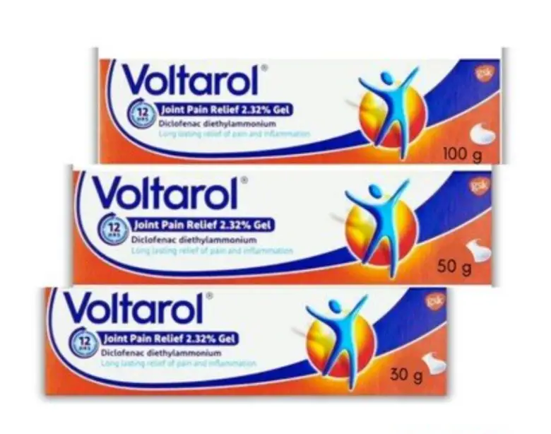 Voltaren pain relief gel in three different sizes.