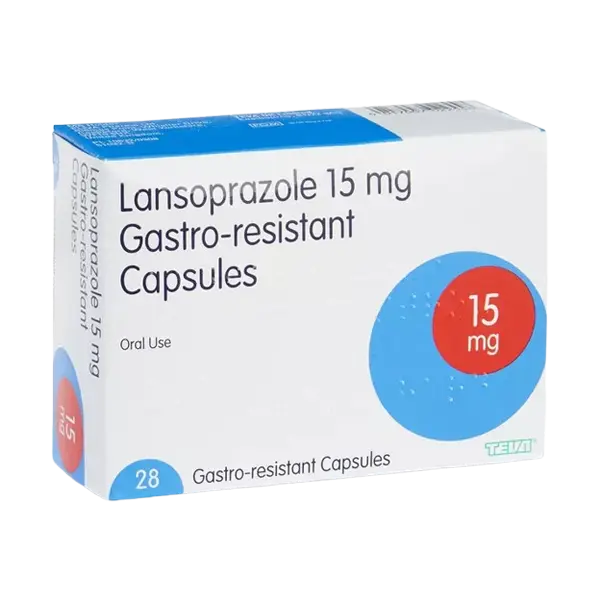 Box of Lansoprazole 15 mg gastro-resistant capsules.