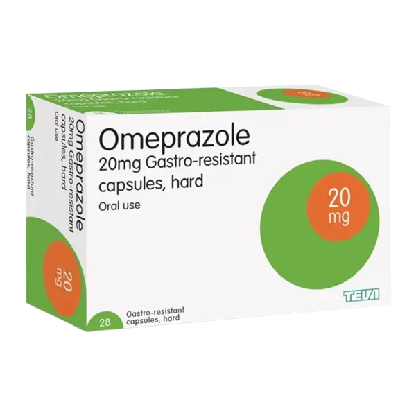 Box of Omeprazole 20mg gastro-resistant capsules.