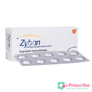 Box of Zyban (bupropion) medication tablets.
