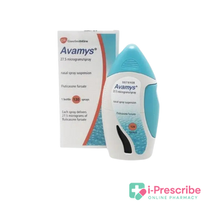 Avamys nasal spray with packaging on a light blue background.