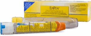 EpiPen auto-injector device for emergency allergy treatment.