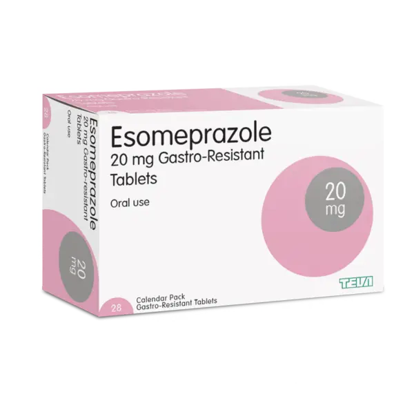 Box of Esomeprazole 20 mg gastro-resistant tablets.