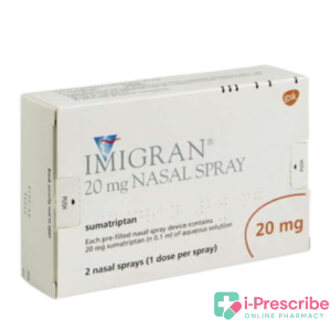 Box of Imigran 20 mg nasal spray for migraine relief.