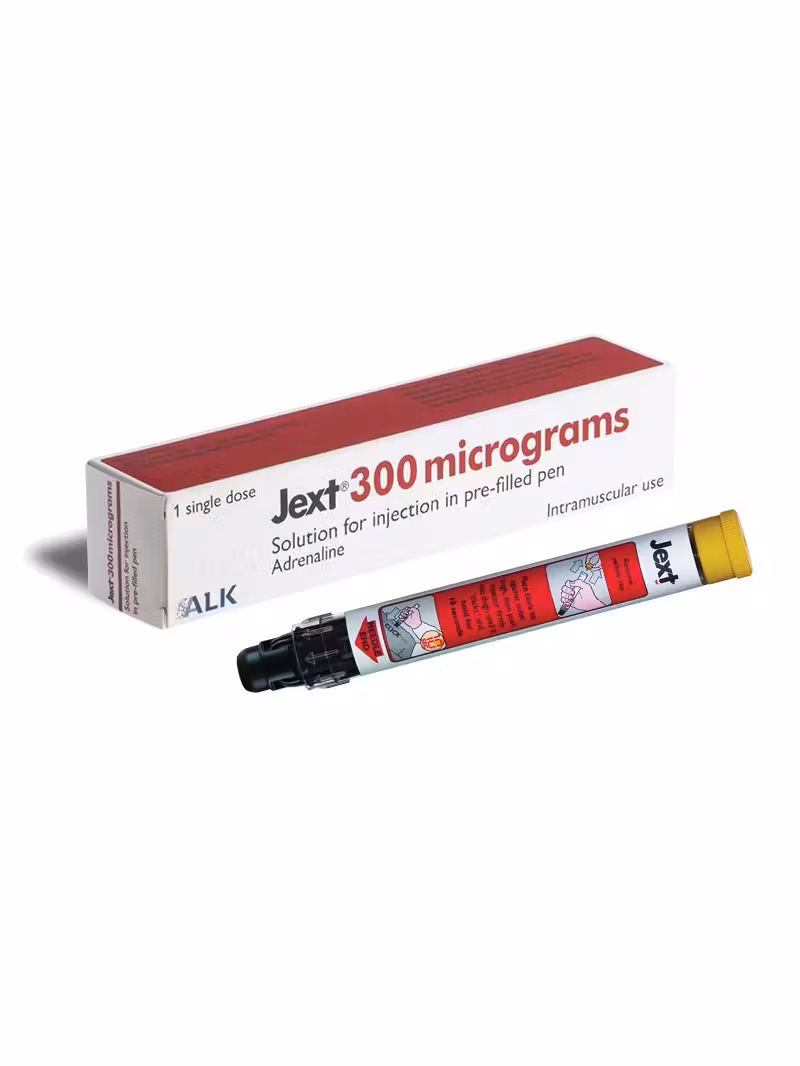 A 300 micrograms Jext epinephrine auto-injector for emergency allergic reactions.