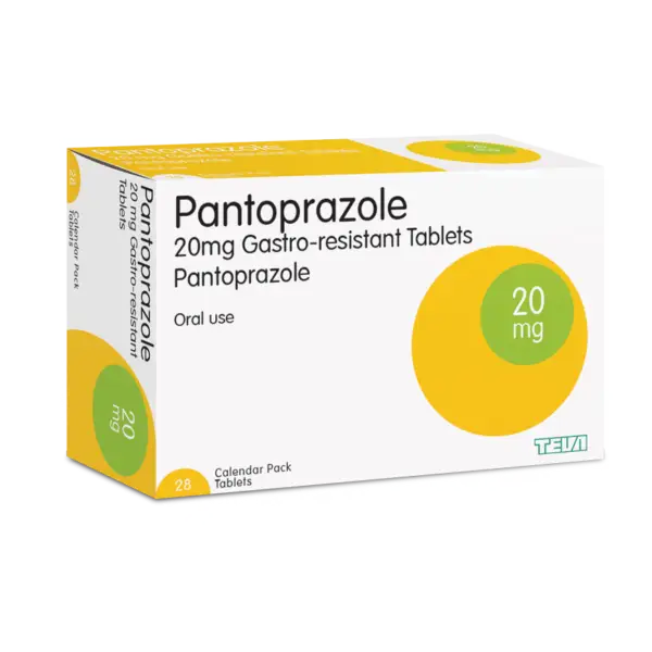 Box of Pantoprazole 20 mg tablets for gastric acid resistance.