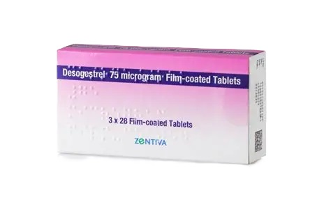 Box of Desogestrel 75 microgram tablets for hormonal contraception.