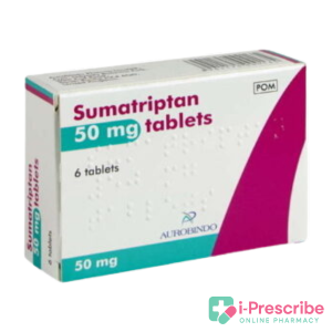 Box of Sumatriptan 50 mg tablets with 6 tablets inside.
