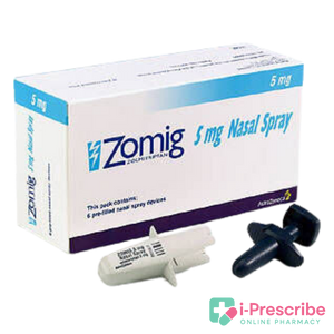 Zomig 5 mg nasal spray box with spray device and black caps.