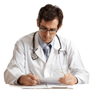 Doctor writing notes with focus at desk.