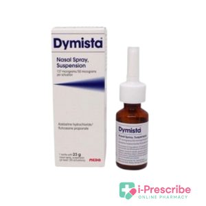 Dymista nasal spray bottle and packaging on a plain background.