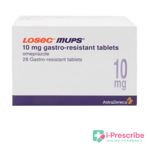 Box of Losec MUPS 10 mg gastro-resistant tablets.