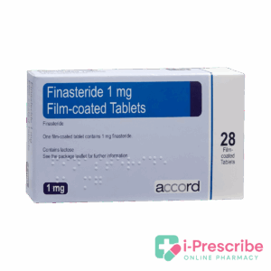 Finasteride 1 mg film-coated tablets box.
