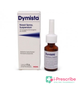 Dymista nasal spray bottle with its packaging box.