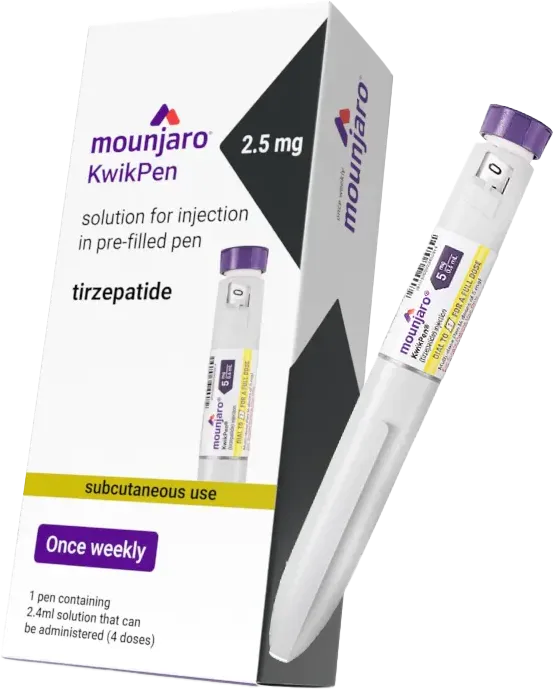 Mounjaro KwikPen injection pen for once-weekly tirzepatide treatment.