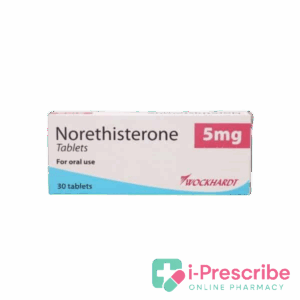 Norethisterone tablets box, 5mg dosage.