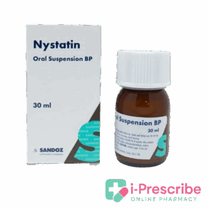 Nystatin oral suspension bottle and packaging.