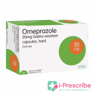 Omeprazole 20mg capsules box, i-Prescribe logo.