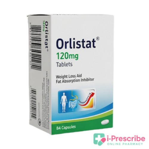 Box of Orlistat 120mg tablets for weight loss and fat absorption reduction. Box of Orlistat 120mg tablets for weight loss and fat absorption reduction.